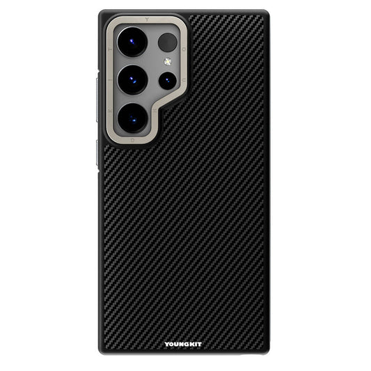 Galaxy S24 Ultra Kılıf M-safe Şarj Özellikli Aramid Fiber Tasarımlı Youngkit 600D Kevlar Serisi Kapak Siyah