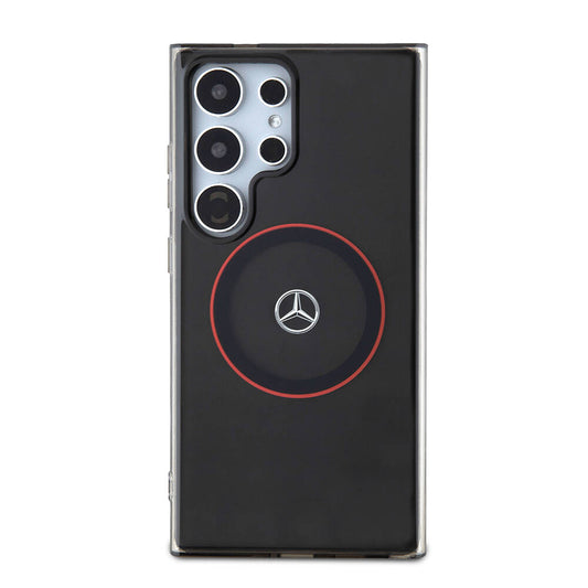 Galaxy S24 Ultra Kılıf Mercedes Benz Orjinal Lisanslı M-safe Şarj Özellikli IML Yıldız Logolu Red Ring Kapak Siyah