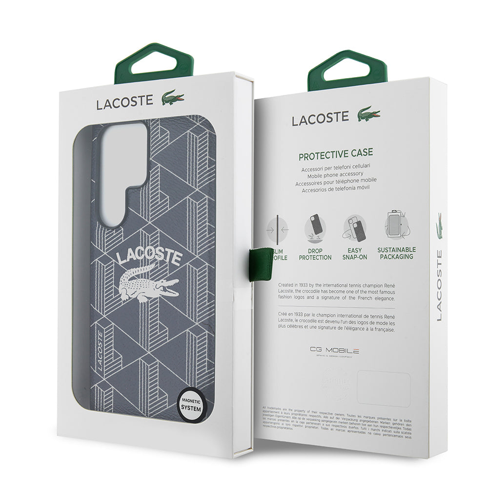 Galaxy S25 Ultra Kılıf Lacoste Orjinal Lisanslı M-safe Şarj Özellikli Mono Vintage Logo Kapak Siyah