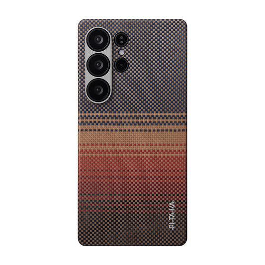 Galaxy S25 Ultra Kılıf M-safe Şarj Özellikli Aramid Fiber Pitaka Tactile Woven Sunset-Moonrise Serisi Kapak Kahverengi