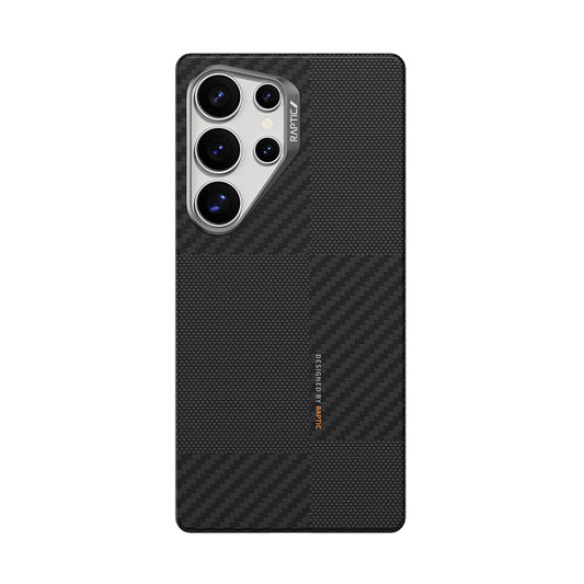 Galaxy S25 Ultra Kılıf M-safe Şarj Özellikli 600D Metal Kamera Çerçeveli Raptic Aramid Fiber Croxx Mondrian Serisi Kapak Siyah