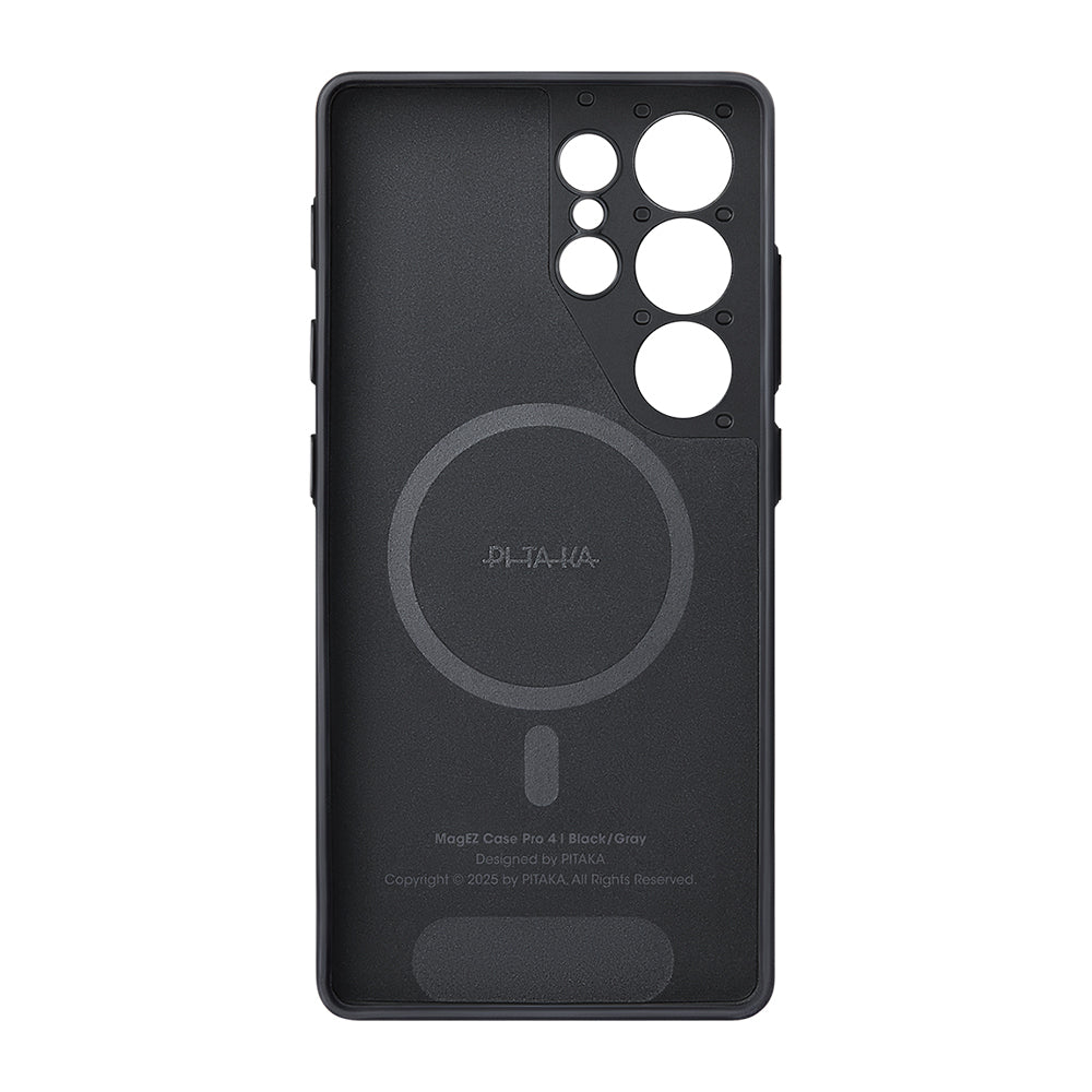 Galaxy S25 Ultra Kılıf M-safe Şarj Özellikli Aramid Fiber 3 Fonksiyon Butonlu Pitaka PinButton Serisi Kapak Siyah-Gri