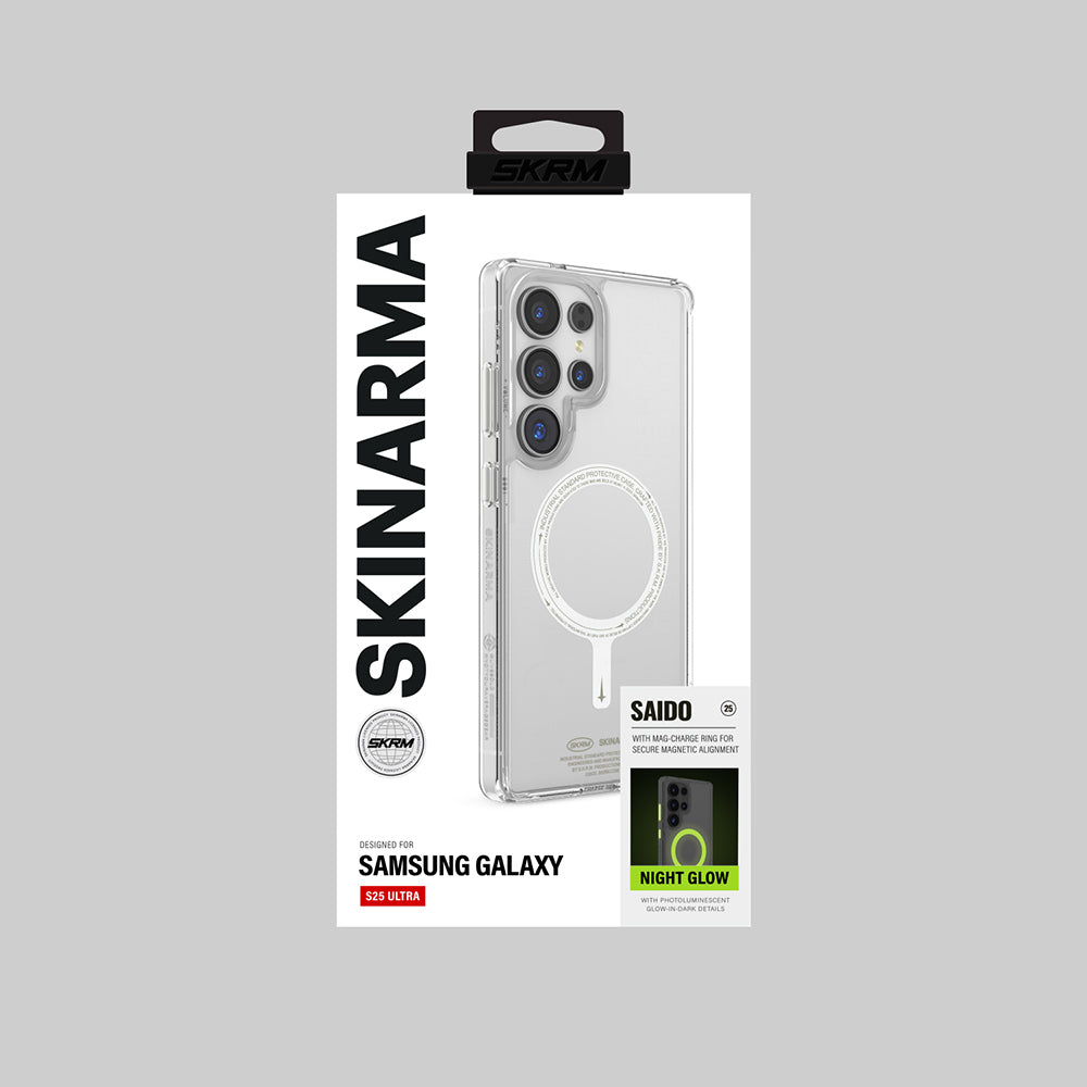 Galaxy S25 Ultra Kılıf M-safe Şarj Özellikli Şeffaf Airbag Tasarımlı Skinarma Saido Nightglow Kapak Şeffaf