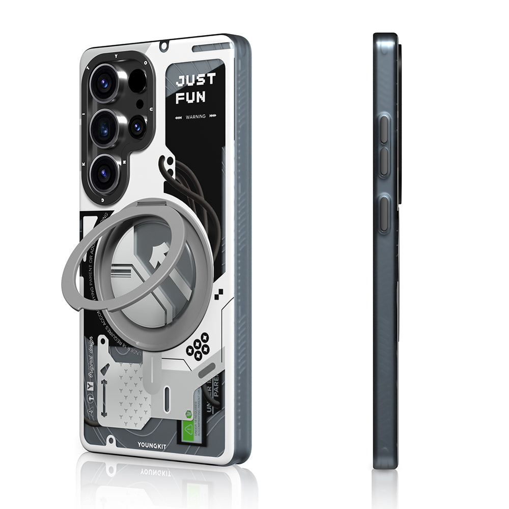 Galaxy S25 Ultra Kılıf M-safe Şarj Özellikli Youngkit 360° Standlı Starship Serisi Kapak Beyaz