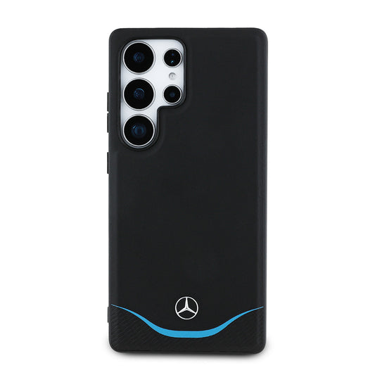 Galaxy S25 Ultra Kılıf Mercedes Benz Orjinal Lisanslı M-safe Şarj Özellikli 3D Metal Logolu Mavi Yatay Eğri Çizgili Deri Kapak Siyah