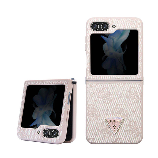 Galaxy Z Flip 5 Kılıf Guess Orjinal Lisanslı PU Deri Taşlı Üçgen Logo 4G Desenli Strass Kapak Kahverengi