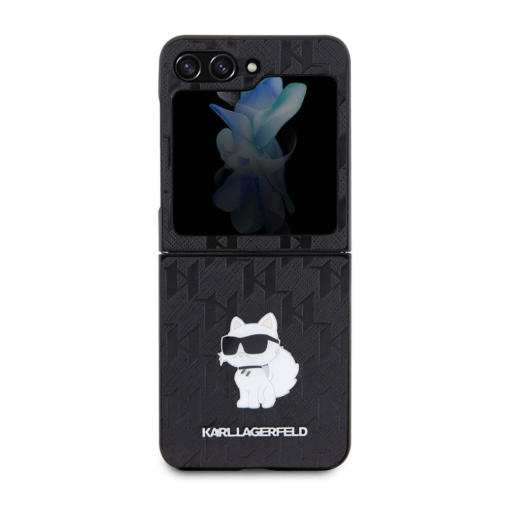 Galaxy Z Flip 5 Kılıf Karl Lagerfeld Orjinal Lisanslı KL Desenli Choupette İkonik Saffiano Kapak Siyah