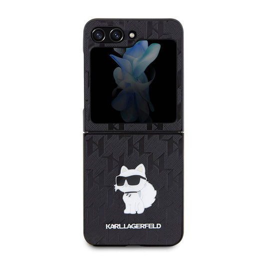 Galaxy Z Flip 5 Kılıf Karl Lagerfeld Orjinal Lisanslı KL Desenli Choupette İkonik Saffiano Kapak Siyah