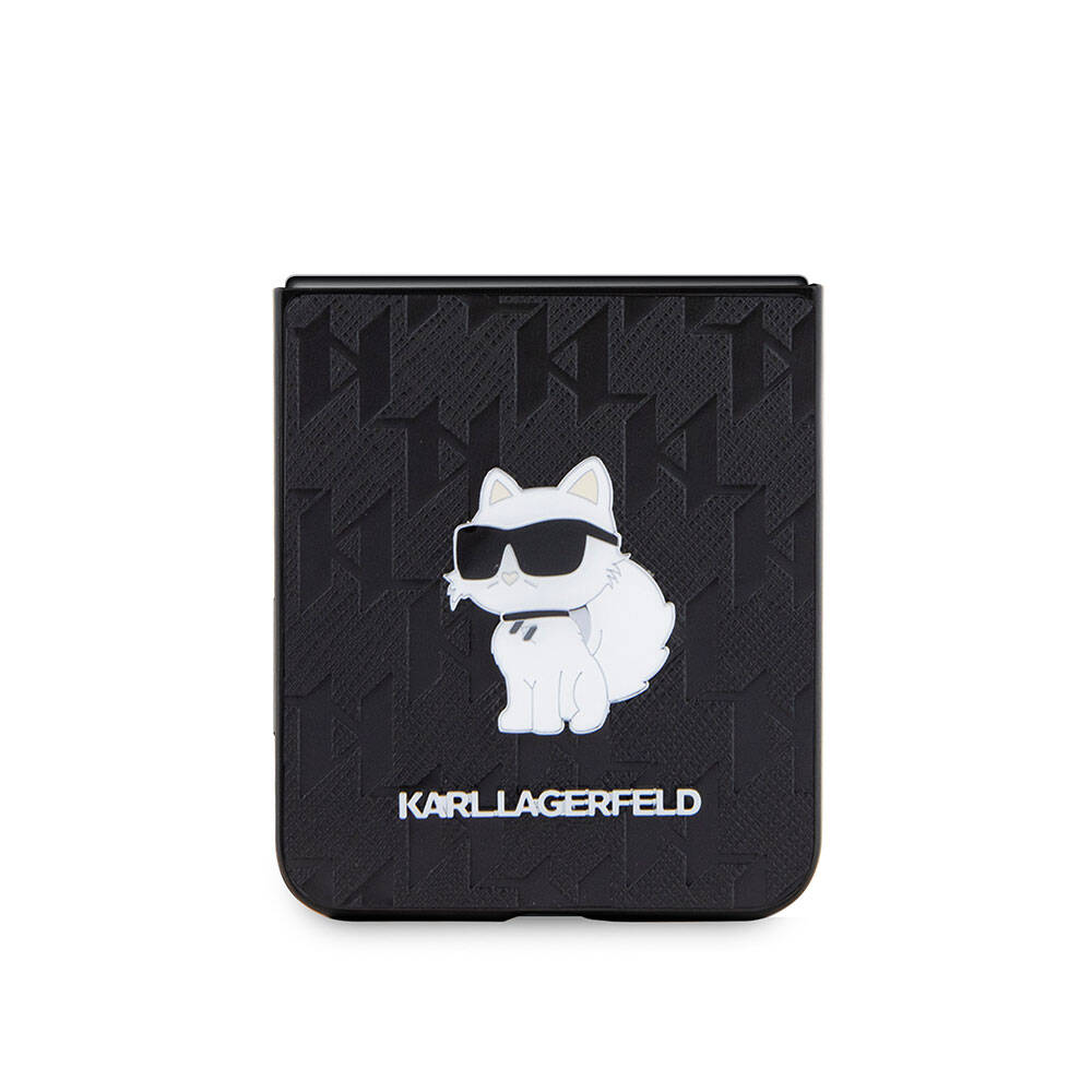 Galaxy Z Flip 5 Kılıf Karl Lagerfeld Orjinal Lisanslı KL Desenli Choupette İkonik Saffiano Kapak Siyah
