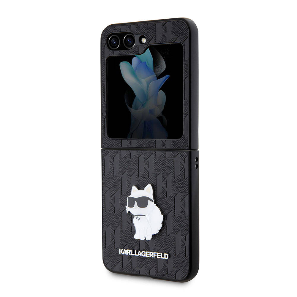 Galaxy Z Flip 5 Kılıf Karl Lagerfeld Orjinal Lisanslı KL Desenli Choupette İkonik Saffiano Kapak Siyah