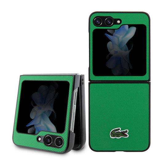 Galaxy Z Flip 5 Kılıf Lacoste Orjinal Lisanslı PU Pike Desenli Arka Yüzey İkonik Timsah Dokuma Logolu Kapak Yeşil