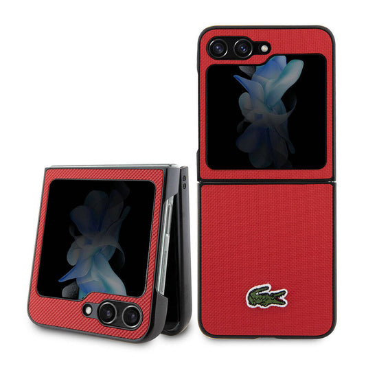 Galaxy Z Flip 5 Kılıf Lacoste Orjinal Lisanslı PU Pike Desenli Arka Yüzey İkonik Timsah Dokuma Logolu Kapak Kırmızı