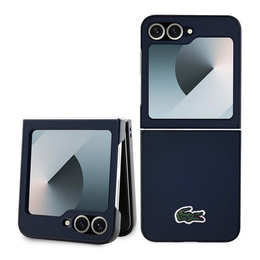Galaxy Z Flip 6 Kılıf Lacoste Orjinal Lisanslı M-safe Şarj Özellikli Pike Desenli Arka Yüzey İkonik Timsah Dokuma Logolu Kapak Siyah