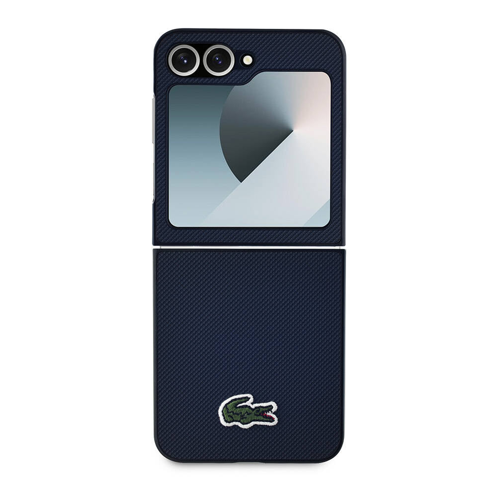 Galaxy Z Flip 6 Kılıf Lacoste Orjinal Lisanslı M-safe Şarj Özellikli Pike Desenli Arka Yüzey İkonik Timsah Dokuma Logolu Kapak Lacivert