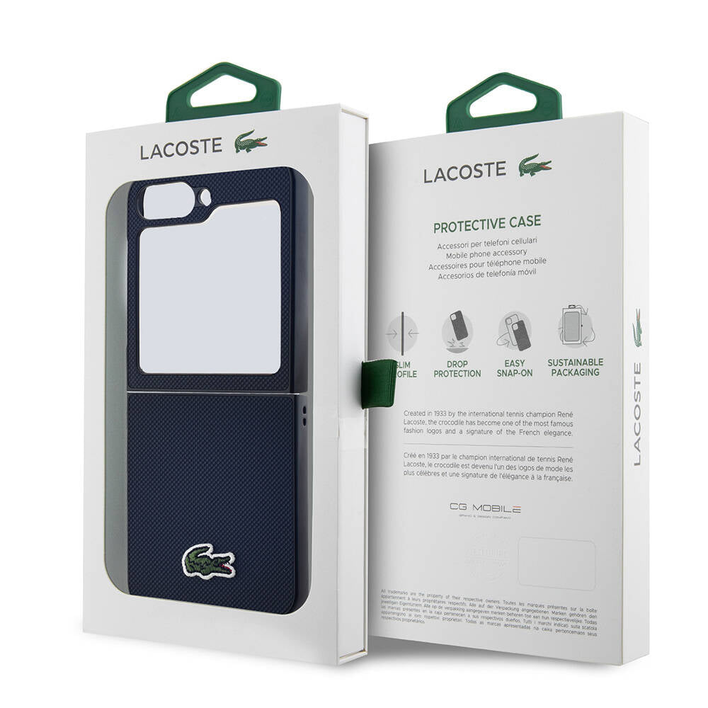Galaxy Z Flip 6 Kılıf Lacoste Orjinal Lisanslı M-safe Şarj Özellikli Pike Desenli Arka Yüzey İkonik Timsah Dokuma Logolu Kapak Lacivert