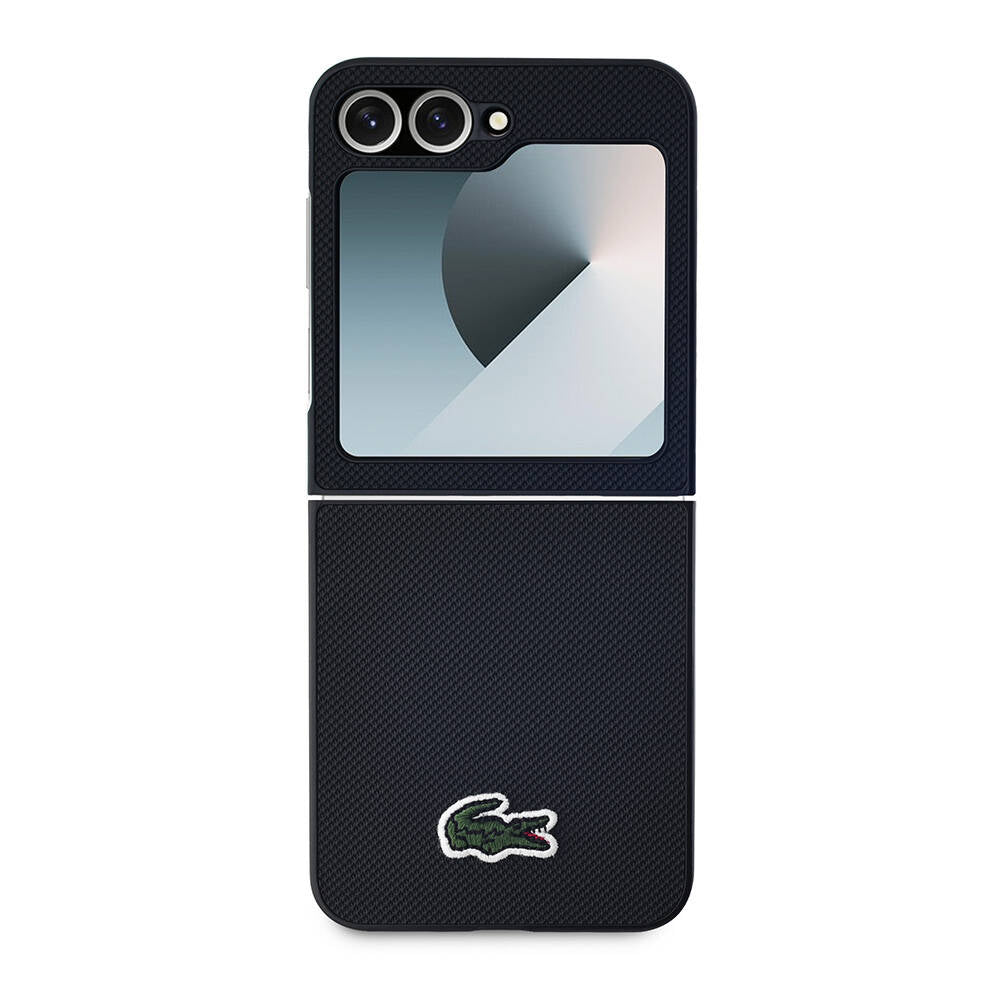 Galaxy Z Flip 6 Kılıf Lacoste Orjinal Lisanslı M-safe Şarj Özellikli Pike Desenli Arka Yüzey İkonik Timsah Dokuma Logolu Kapak Lacivert
