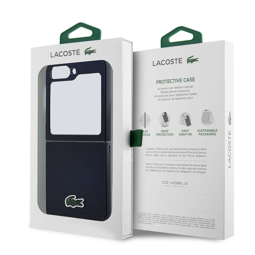 Galaxy Z Flip 6 Kılıf Lacoste Orjinal Lisanslı M-safe Şarj Özellikli Pike Desenli Arka Yüzey İkonik Timsah Dokuma Logolu Kapak Lacivert