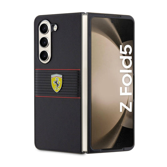 Galaxy Z Fold 5 Kılıf Ferrari Orjinal Lisanslı PU Deri Metal Logolu Multi Çizgili Kapak Kırmızı