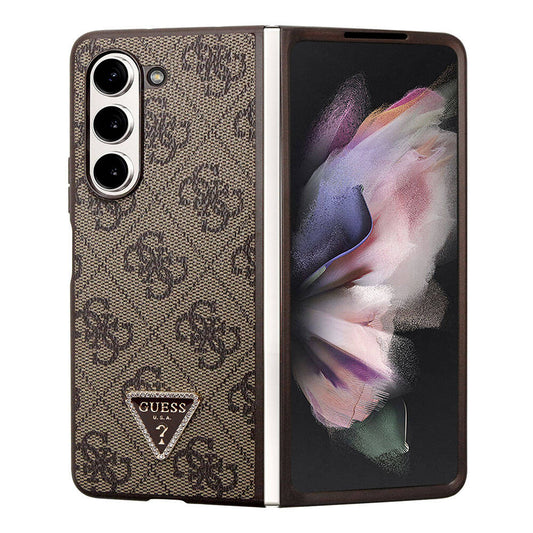 Galaxy Z Fold 5 Kılıf Guess Orjinal Lisanslı PU Deri Taşlı Üçgen Logo 4G Desenli Strass Kapak Pembe