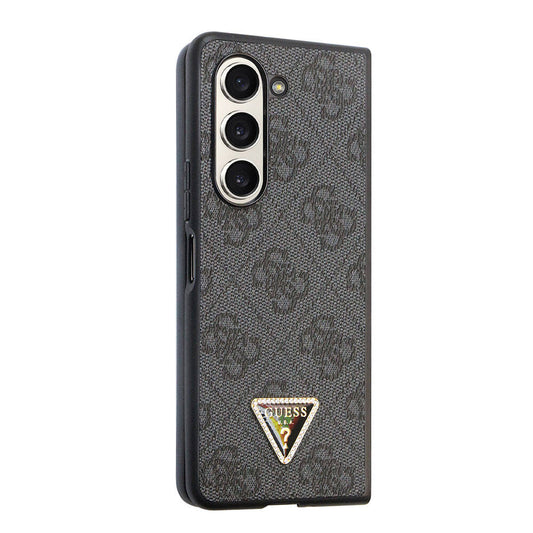 Galaxy Z Fold 5 Kılıf Guess Orjinal Lisanslı PU Deri Taşlı Üçgen Logo 4G Desenli Strass Kapak Siyah