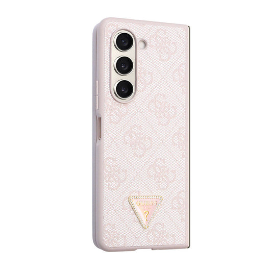 Galaxy Z Fold 5 Kılıf Guess Orjinal Lisanslı PU Deri Taşlı Üçgen Logo 4G Desenli Strass Kapak Pembe