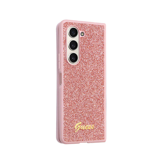 Galaxy Z Fold 5 Kılıf Guess Orjinal Lisanslı Yazı Logolu Glitter Script Kapak Pembe