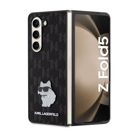 Galaxy Z Fold 5 Kılıf Karl Lagerfeld Orjinal Lisanslı KL Desenli Choupette İkonik Saffiano Kapak Siyah