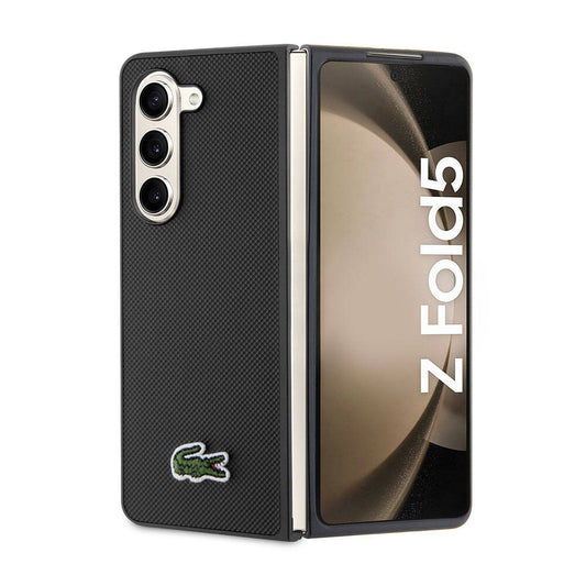 Galaxy Z Fold 5 Kılıf Lacoste Orjinal Lisanslı PU Pike Desenli Arka Yüzey İkonik Timsah Dokuma Logolu Kapak Siyah
