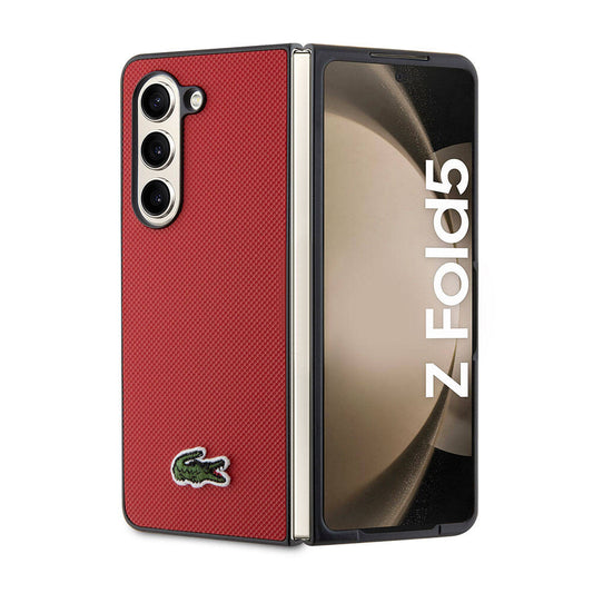 Galaxy Z Fold 5 Kılıf Lacoste Orjinal Lisanslı PU Pike Desenli Arka Yüzey İkonik Timsah Dokuma Logolu Kapak Kırmızı