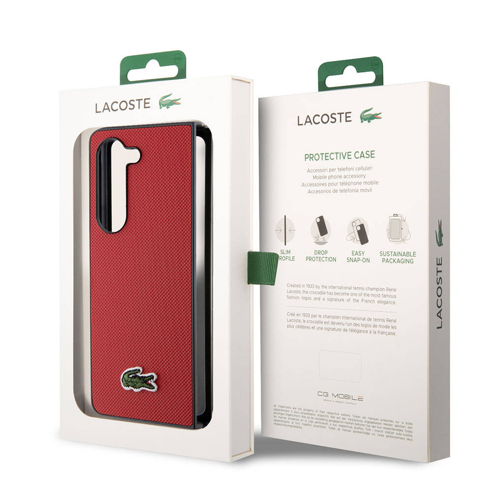 Galaxy Z Fold 5 Kılıf Lacoste Orjinal Lisanslı PU Pike Desenli Arka Yüzey İkonik Timsah Dokuma Logolu Kapak Kırmızı