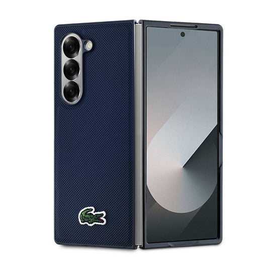 Galaxy Z Fold 6 Kılıf Lacoste Orjinal Lisanslı M-safe Şarj Özellikli Pike Desenli Arka Yüzey İkonik Timsah Dokuma Logolu Kapak Lacivert