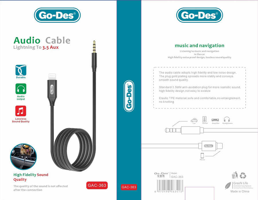 Go Des GAC-363 Lightning To 3.5mm Aux Kablo Siyah
