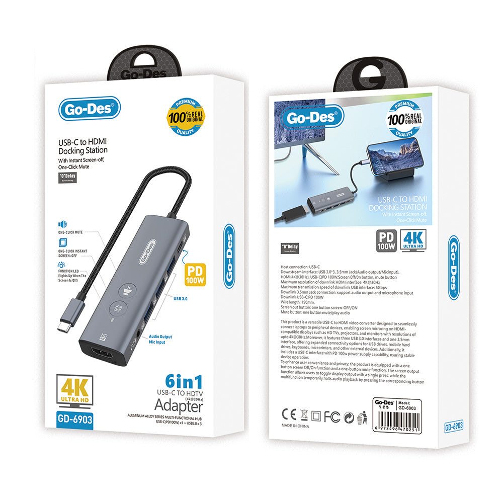 Go Des GD-6903 Type-C Bağlantılı 6in1 Hub Adaptör USB3.0/Hdmi/PD 100W/3.5mm/4K Ultra HD 30hz/5Gbps Gri