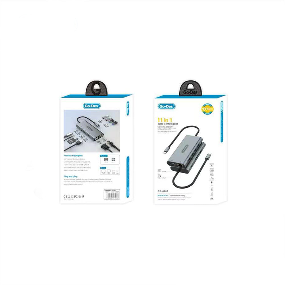 Go Des GD-6907 11 in 1 Type-C Hub SD Kart-RJ45-HDMI-VGA-Usb Çoğaltıcı Gri
