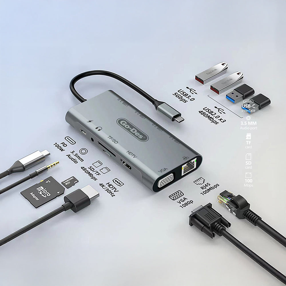 Go Des GD-6907 11 in 1 Type-C Hub SD Kart-RJ45-HDMI-VGA-Usb Çoğaltıcı Gri