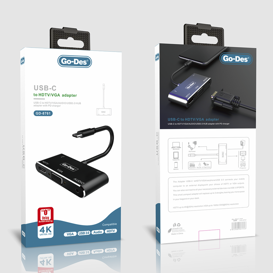 Go Des GD-8761 Usb-C To HDTV-VGA Adaptör Siyah