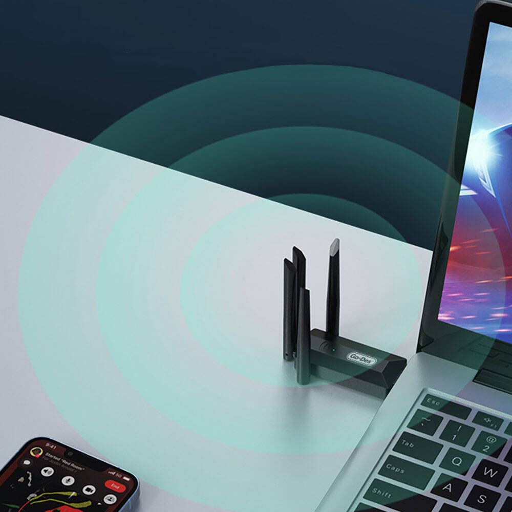 Go Des GD-BT318 Çift Bantlı 1200m 300Mbps 4 Antenli Kablosuz İnternet Sağlayıcı USB WiFi Adaptör Siyah