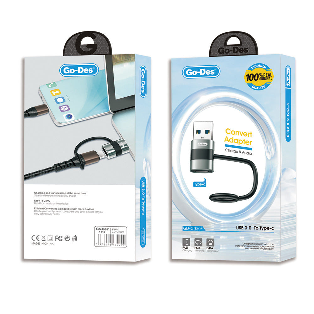 Go Des GD-CT069  USB 3.0 to Type-C Data Ve Hızlı Şarj Adaptörü Siyah