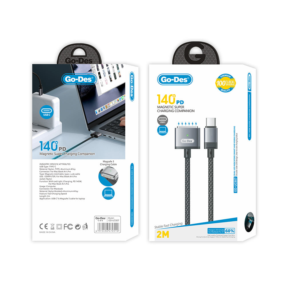 Go Des GD-UC807 Type-C - M-safe 3 Macbook Şarj Kablosu 140W 2 Metre Gri