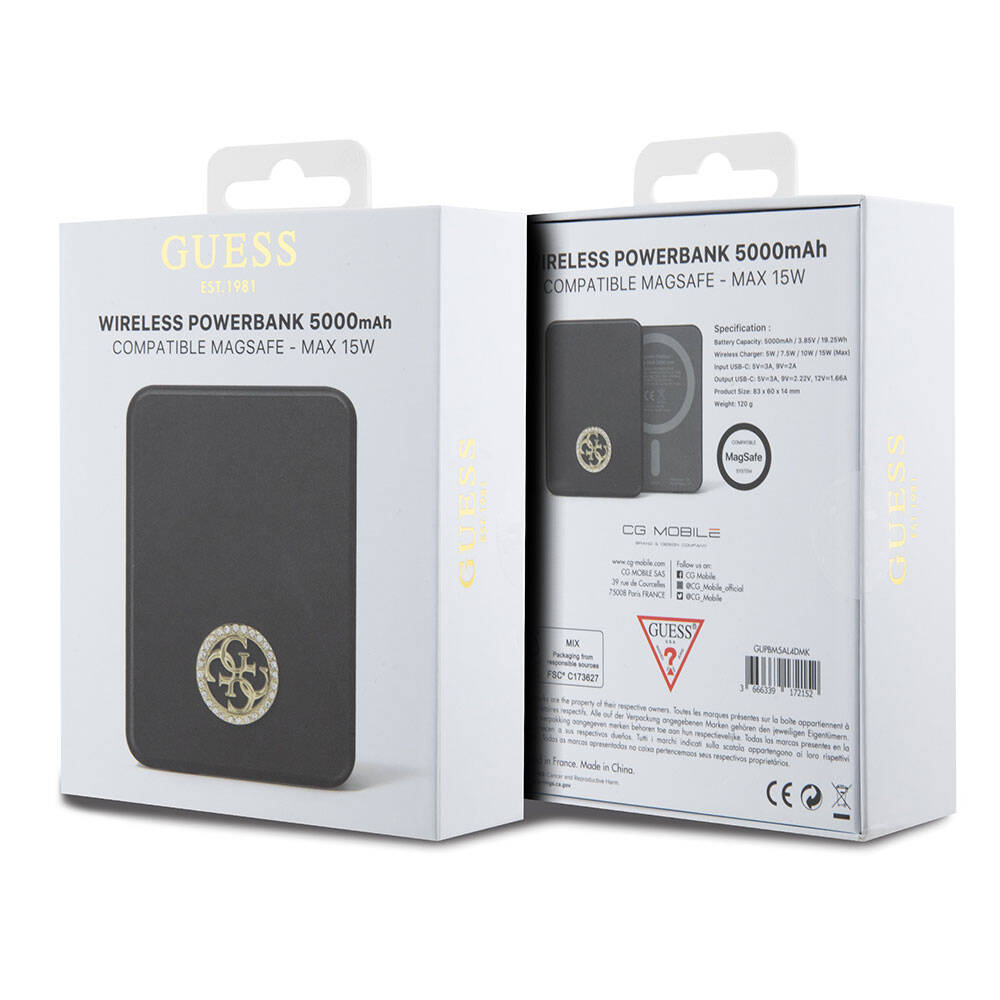 Guess Orjinal Lisanslı M-safe Şarj Özellikli Taşlı 4G Logolu Powerbank 5000mAh 15W Siyah