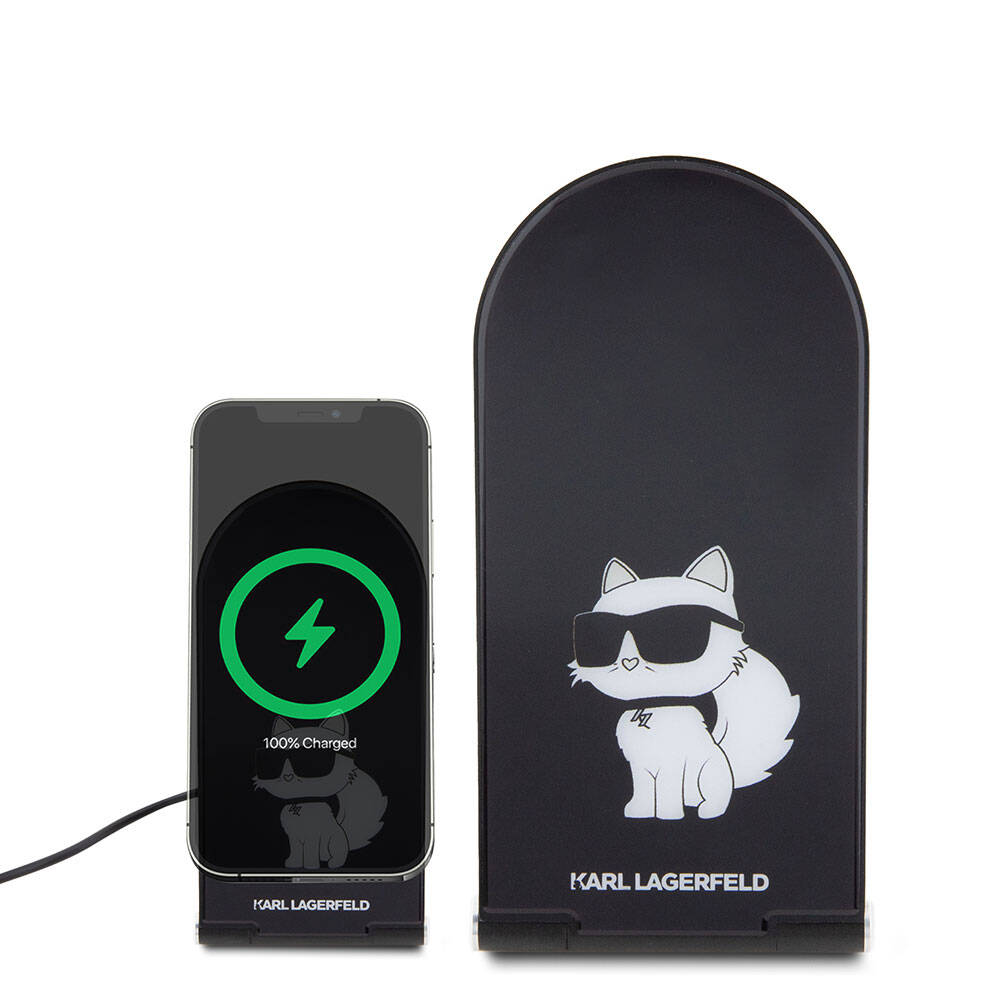 Karl Lagerfeld Orjinal Lisanslı Katlanabilir Baskılı İkonik Choupette Logolu Magnetik Kablosuz Şarj Standı Siyah
