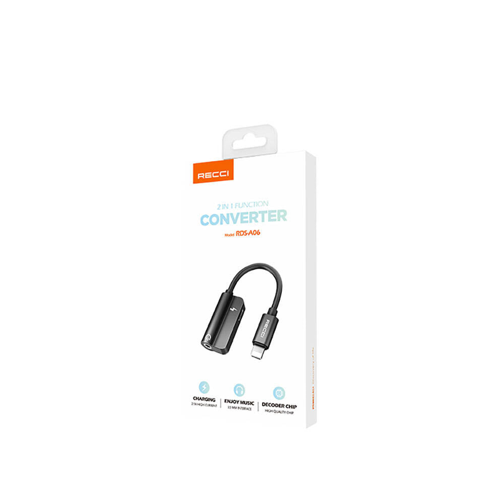 Recci RDS-A06 Lightning 2in1 Şarj ve Ses Adaptörü Siyah