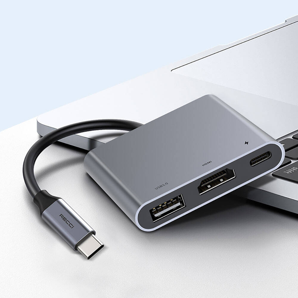 Recci RH05 Type-C to Type-C PD100W + HDMI 4K@30Hz + USB3.0 Bağlantı Özellikli 3in1 Hub Gri