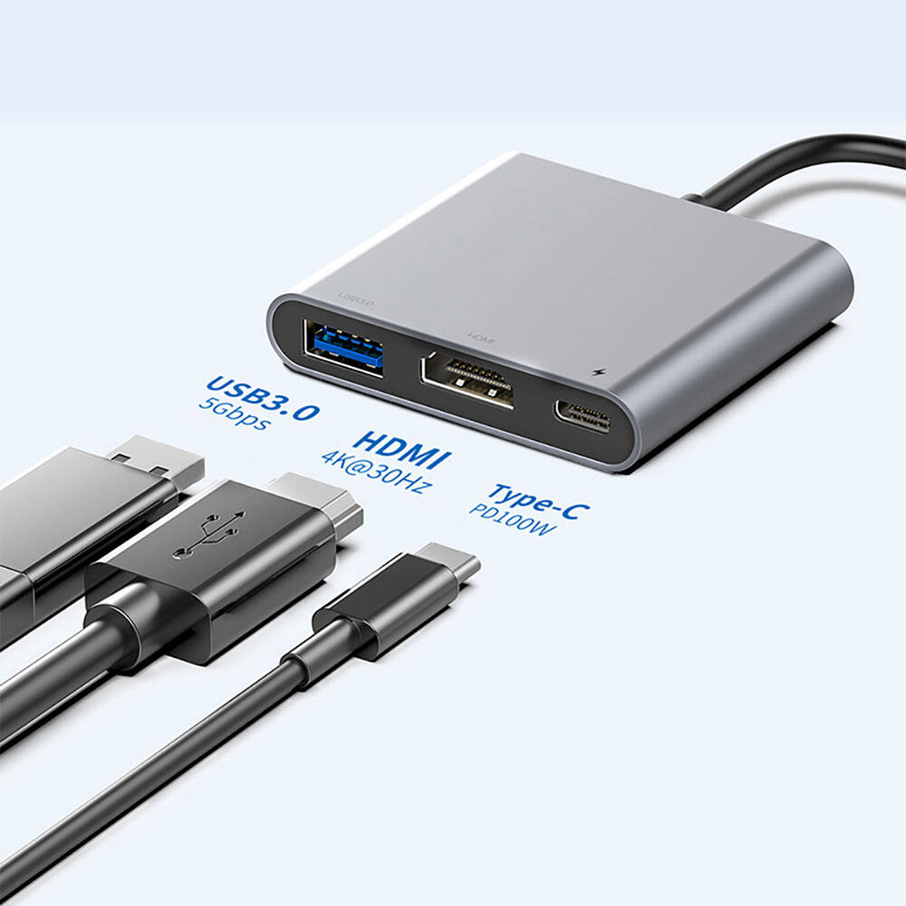 Recci RH05 Type-C to Type-C PD100W + HDMI 4K@30Hz + USB3.0 Bağlantı Özellikli 3in1 Hub Gri
