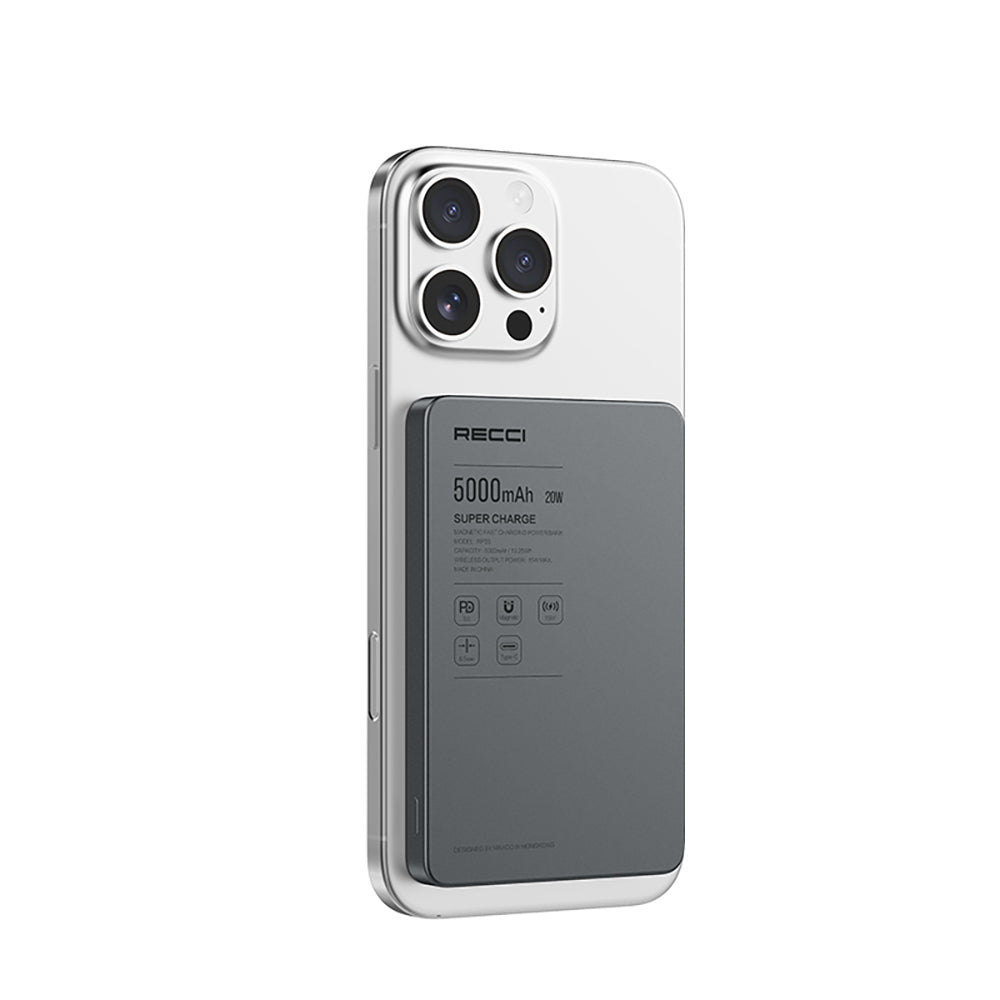 Recci RP33 PD 20W Ultra İnce Led Göstergeli Hızlı Şarj Özellikli Wireless Powerbank 15W 5000mAh Gri