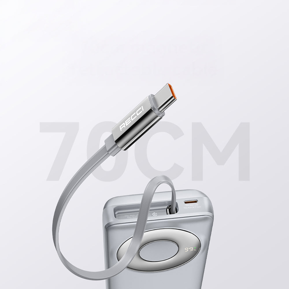 Recci RPB-P72 Hızlı Şarj Özellikli Type-C Kablolu Powerbank 65W 20.000mAh Gri