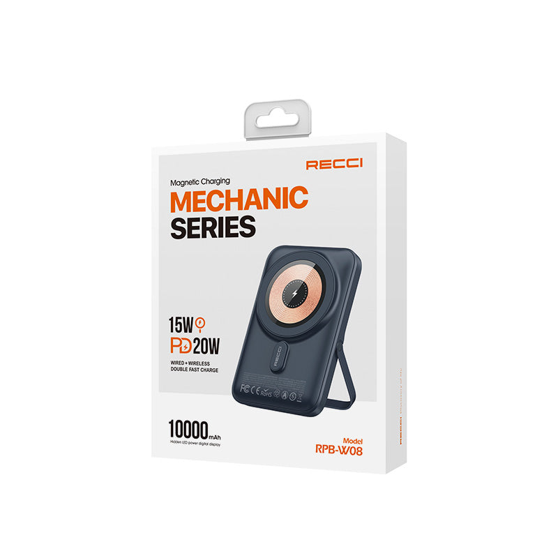Recci W08 Metal Standlı 15W M-safe Şarj Özellikli 20W PD Hızlı Şarj Powerbank 10000mAh Siyah