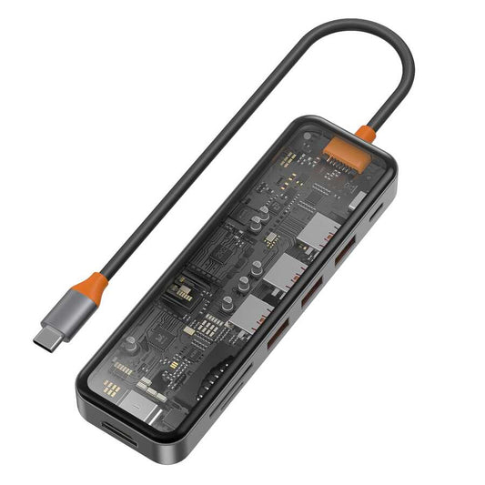 Wiwu CB007 Cyber 7 in 1 Type-C Hub 100W Şarj Destekli Şeffaf Görünümlü SD Kart-Hdmi-Usb Çoğaltıcı Gri