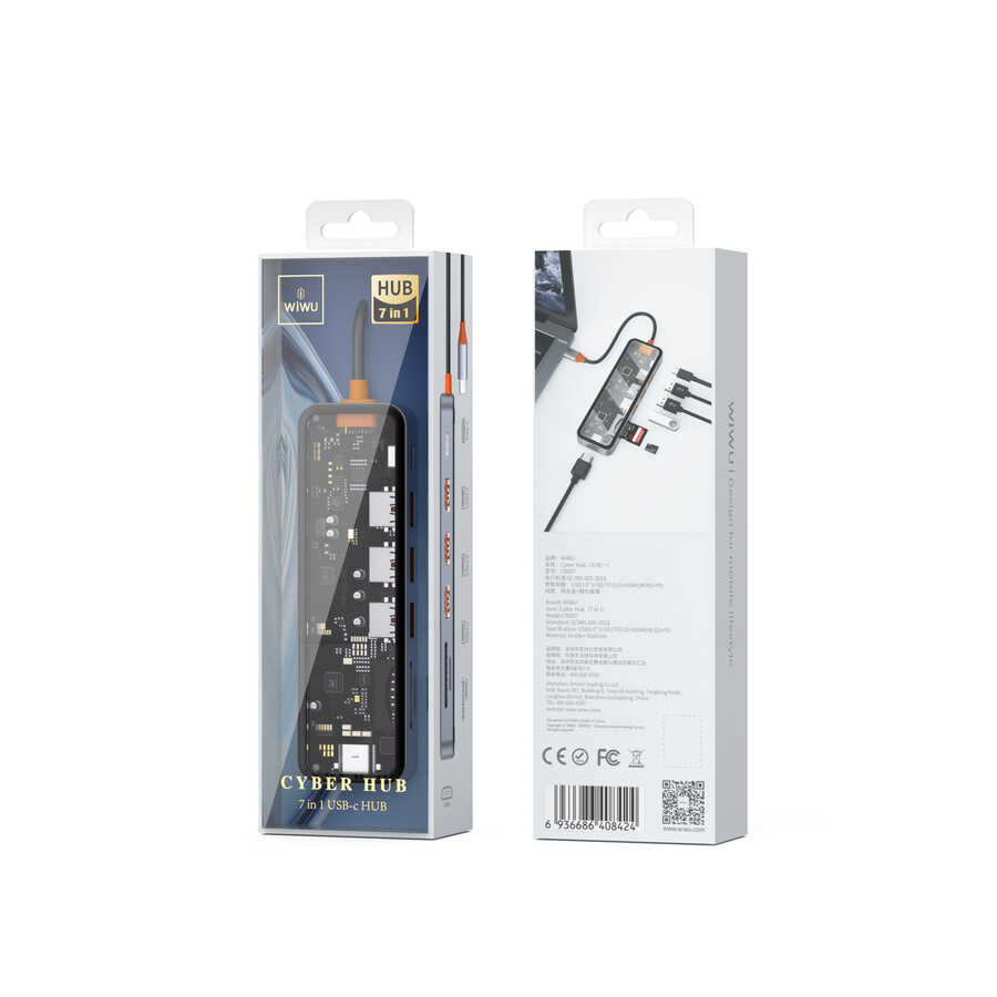 Wiwu CB007 Cyber 7 in 1 Type-C Hub 100W Şarj Destekli Şeffaf Görünümlü SD Kart-Hdmi-Usb Çoğaltıcı Gri