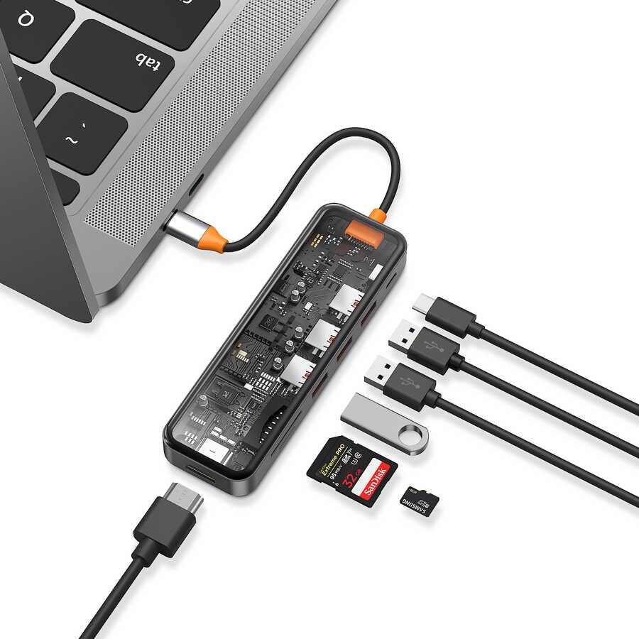 Wiwu CB007 Cyber 7 in 1 Type-C Hub 100W Şarj Destekli Şeffaf Görünümlü SD Kart-Hdmi-Usb Çoğaltıcı Gri